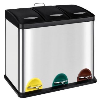 Cubo de Basura Reciclaje 3 Compartimentos con Pedal - Papelera Triple de Cocina 3x8L en Acero