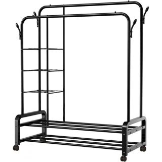 Perchero burro doble con estructura de metal resistente, estantes laterales, zapatero inferior y ruedas giratorias | Organizador móvil ideal para ropa, zapatos y accesorios en dormitorio o vestidor