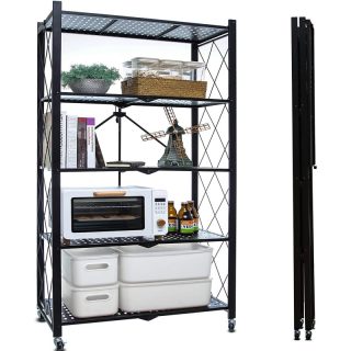 Estantería Plegable Metálica con Ruedas y Estantes Perforados - Mueble Organizador Portátil y Resistente y Estructura Reforzada